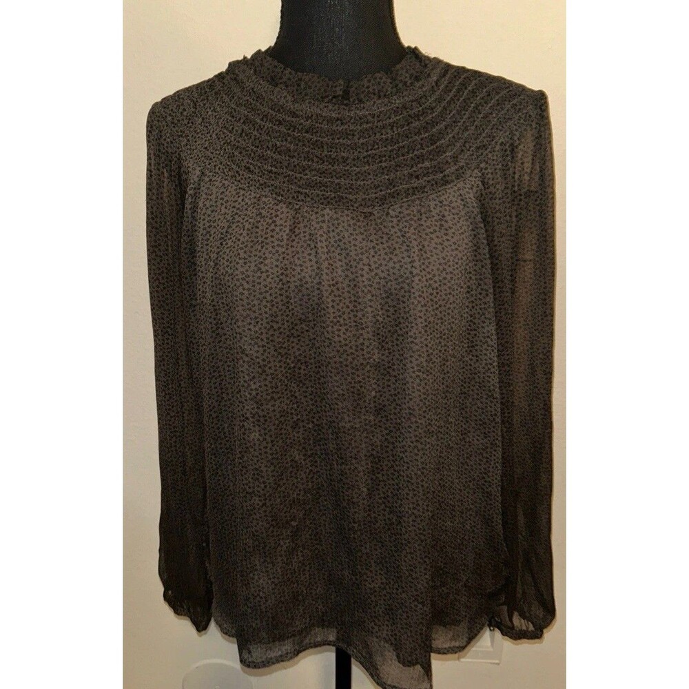 LOFT Smocked Yoke Blouse Chiffon Ditsy Floral Dot Sheer Sleeve Top Brown